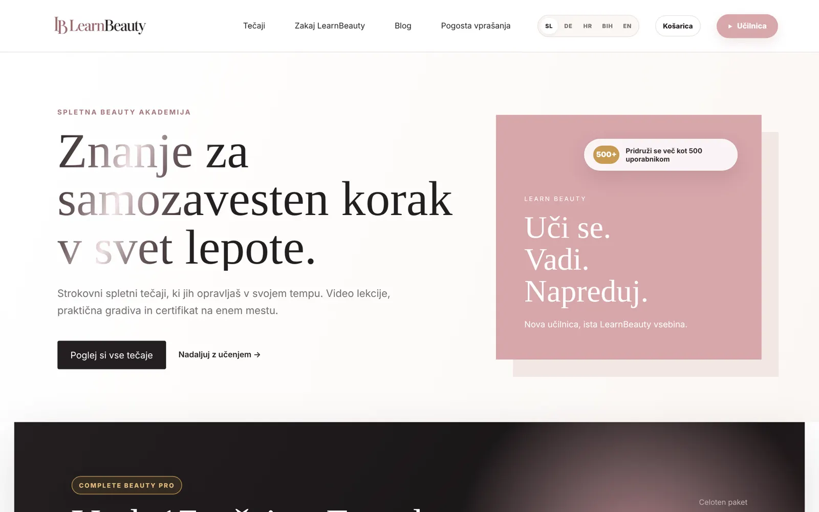 Naslovna stran LearnBeauty — spletna beauty akademija