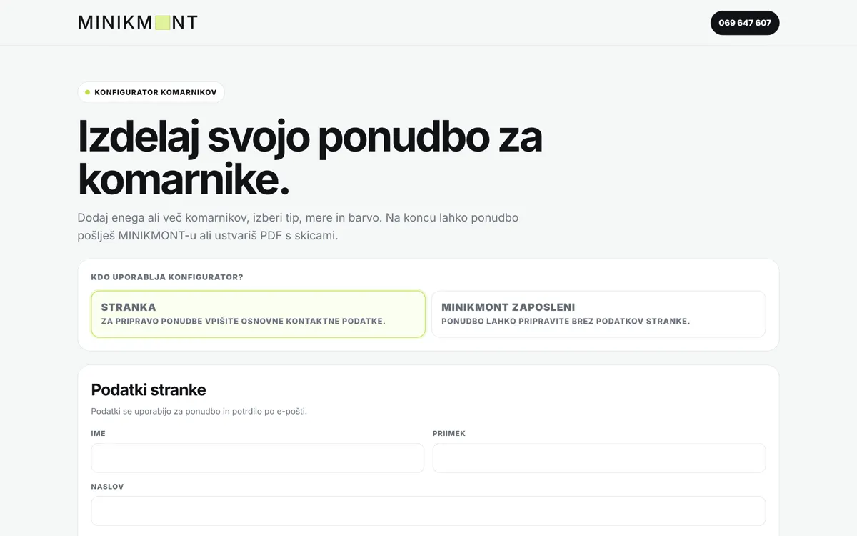 Posnetek zaslona: MINIKMONT · Konfigurator komarnikov